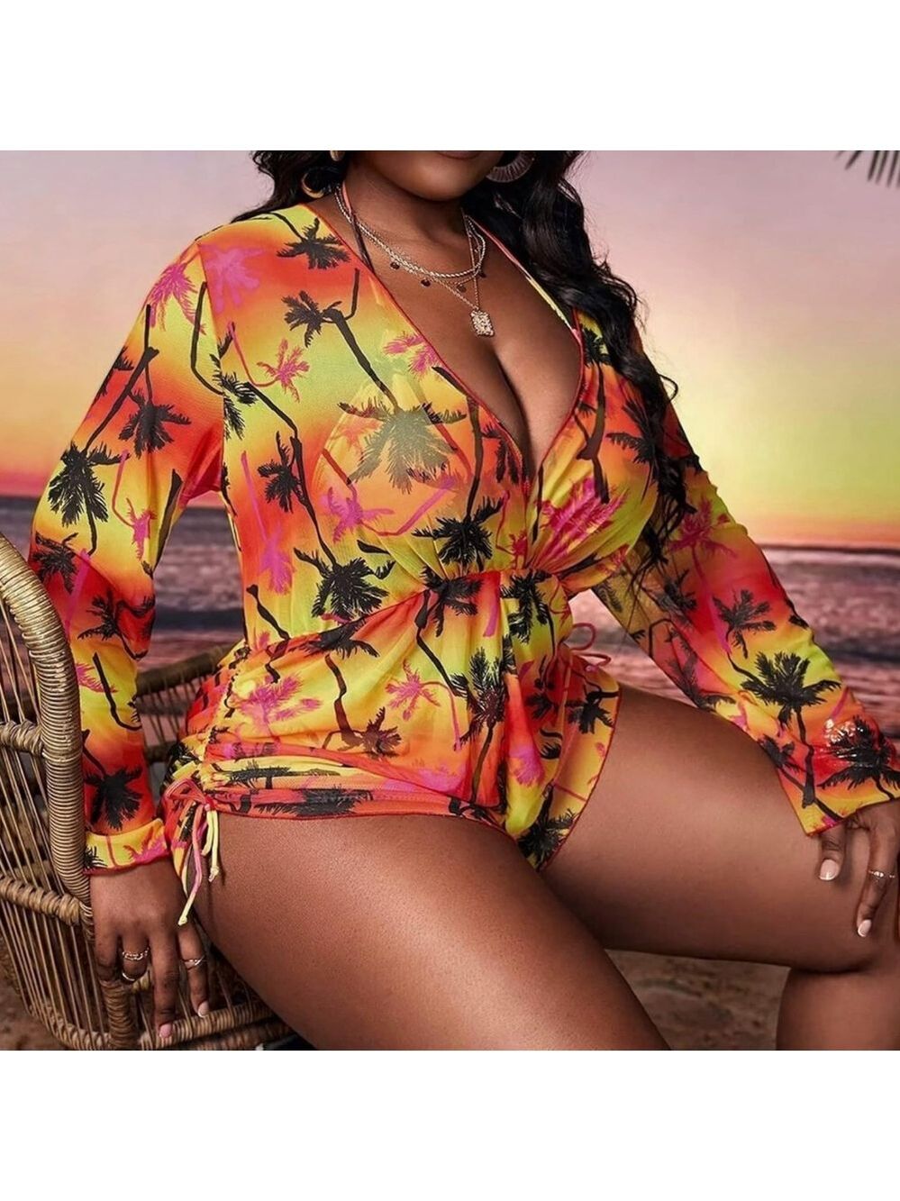 3pc Plus Size Tropical Print Halter Triangle Bikini Set with Cover Up - Picture 9 of 14